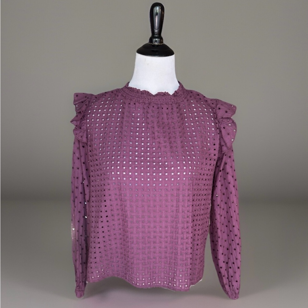 Anthropologie Self Contrast Purple Eyelet Ruffle Blouse Top Boho Sz Small